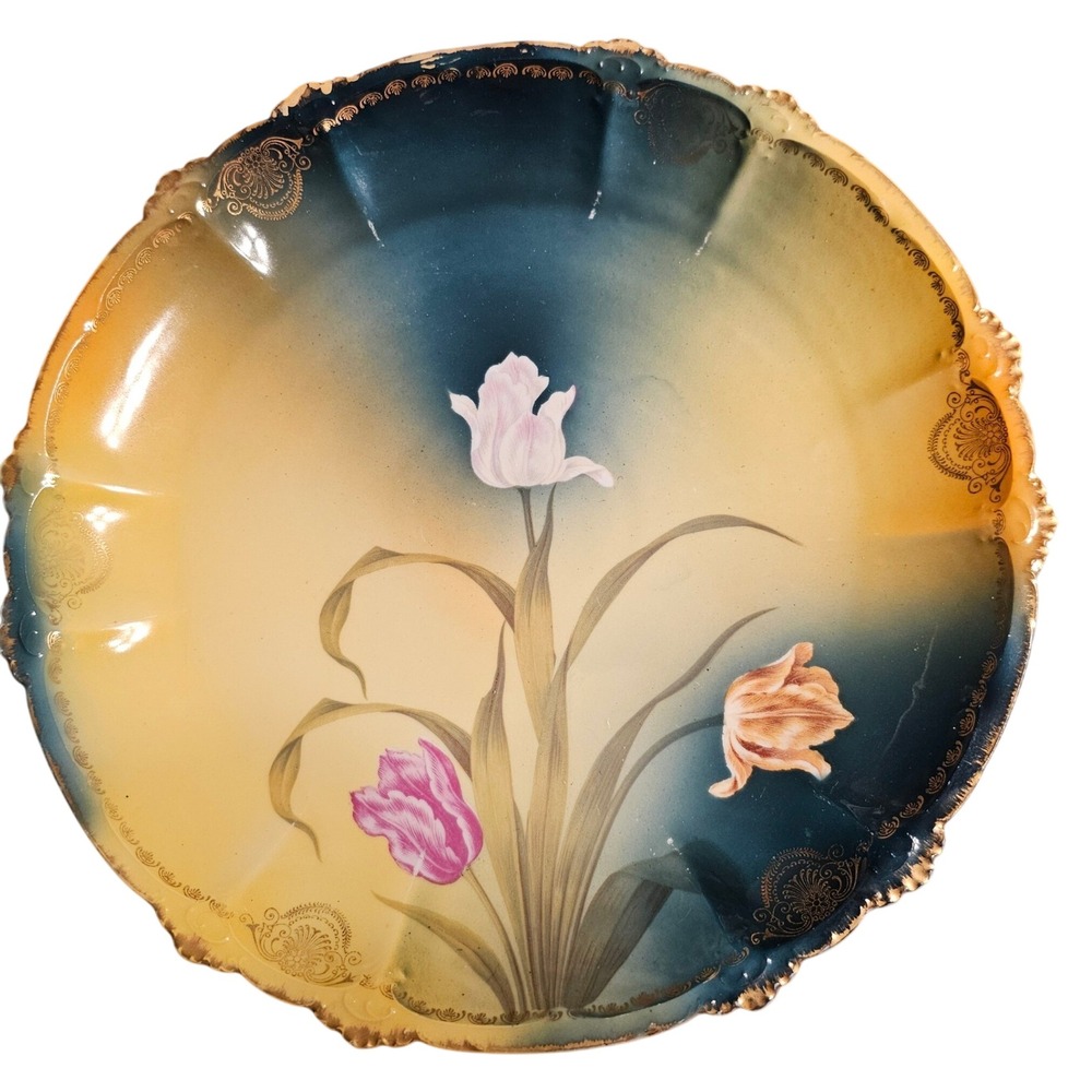 Antique Rosenthal RC Claire Bavaria Porcelain Tulip Plate Teal Gold Gilt 10in